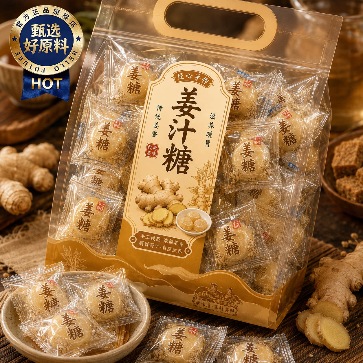 姜糖姜汁糖纯手工老姜糖山东特产芝麻红糖姜糖生姜糖硬质糖果零食