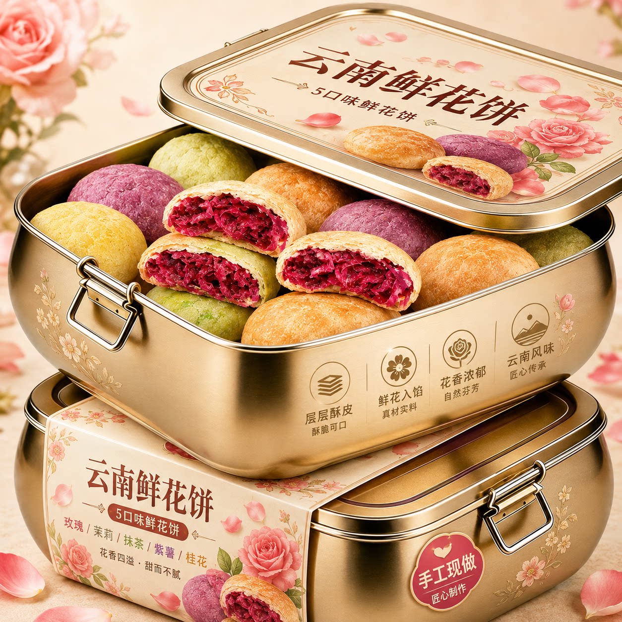 云南玫瑰鲜花饼官方旗舰店中秋花馅月饼送礼糕点早餐面包零食年货