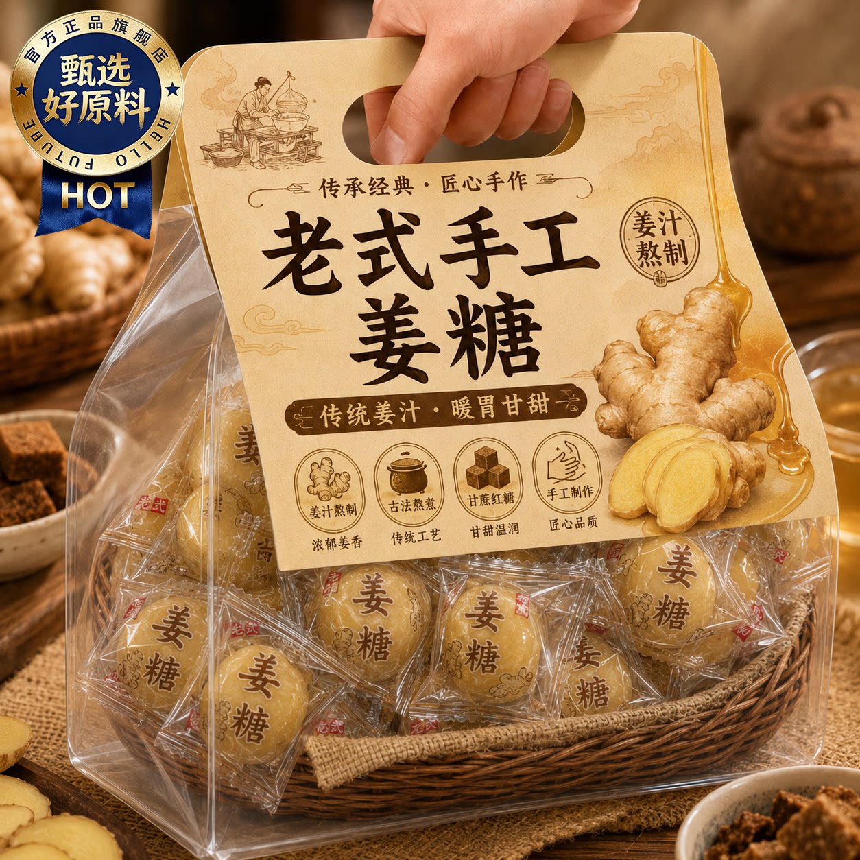 姜糖姜汁糖纯手工老姜糖山东特产芝麻红糖姜糖生姜糖硬质糖果零食