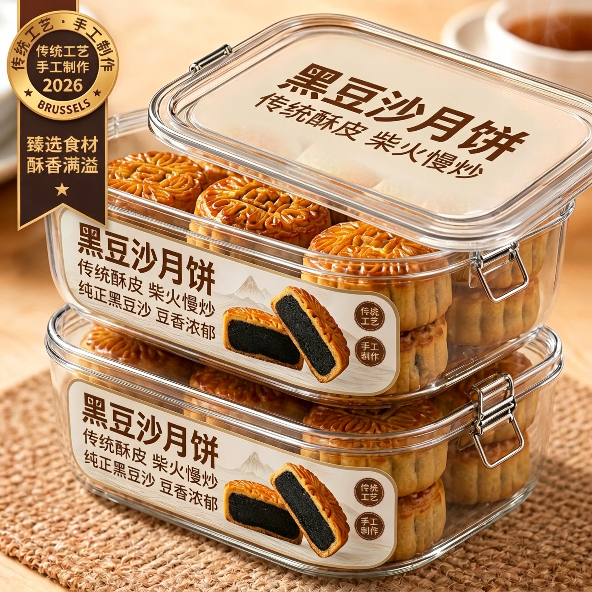 正宗柴火黑豆沙月饼正宗中秋节广式月饼老式传统官方旗舰店