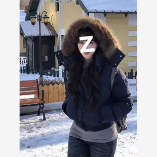 2025冬季百搭藏青色毛领连帽短款羽绒棉服女新款棉衣棉袄厚外套