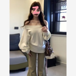 韩系白色软糯宽松一字肩毛衣女秋冬慵懒感2025新款针织衫上衣