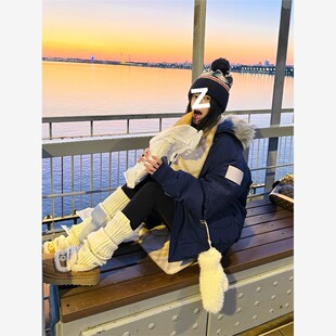 美式工装派克羽绒棉服女冬季加厚保暖毛领连帽外套藏青色夹棉棉袄