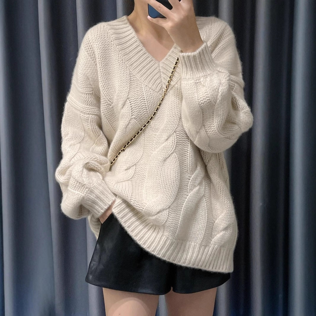 秋冬新款V领羊毛衫女加厚