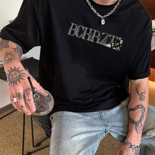 百搭圆领前后印花男半袖 ins潮牌痞帅黑色重磅纯棉短袖 T恤潮流时尚