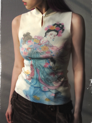 安妮的盔甲 花冠小仙新中式纯棉印花旗袍领背心修身弹力针织原创