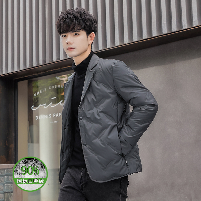 160帅t冬季青年小码轻薄西装羽绒服男潮流压花S号XS修身夹克外套