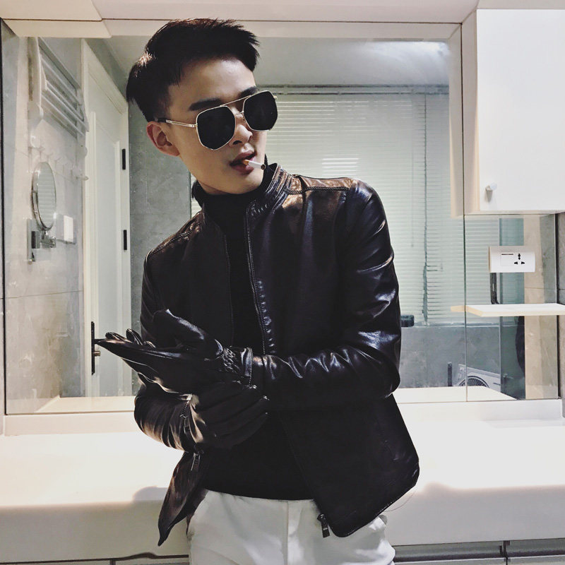 小码机车皮衣立领夹克社会人青年S号XS短款紧身外套155矮个子男装