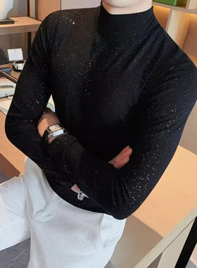 秋季中领男士发型师潮流修身撒粉半高领长袖体t恤S号XS码打底衫