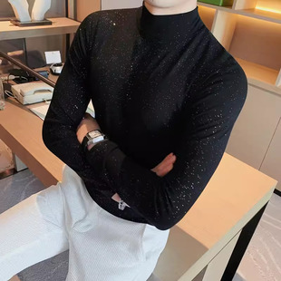 秋季中领男士发型师潮流修身撒粉半高领长袖体t恤S号XS码打底衫