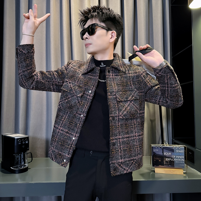 155矮个子S号XS码短款外套秋冬潮流呢子大风衣男韩版修身格子夹克