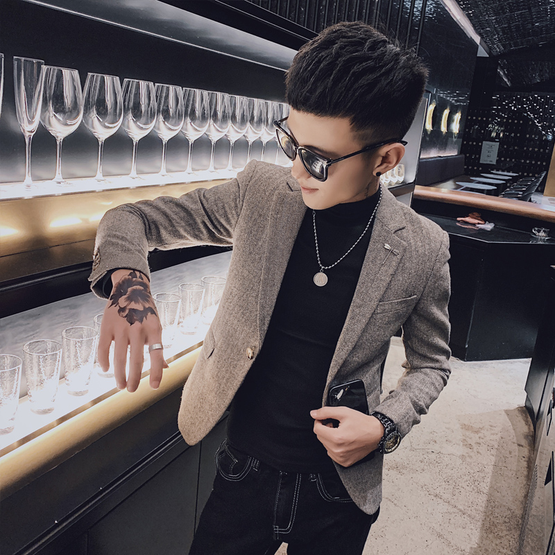 社会小伙秋冬小码S号XS码小西装男韩版修身毛呢短款西服休闲外套