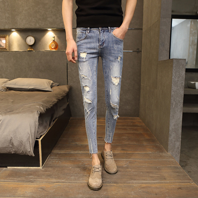 夏季小码修身牛仔裤潮弹力青年小脚裤26码27破洞紧身九分裤子155