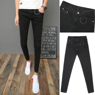 子黑色九分裤 加小码 男弹力显瘦休闲裤 紧身小脚牛仔裤 矮小个子27码