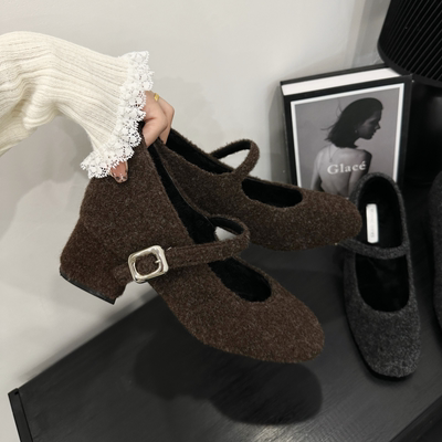 玛丽珍女高跟鞋灰色毛呢单鞋