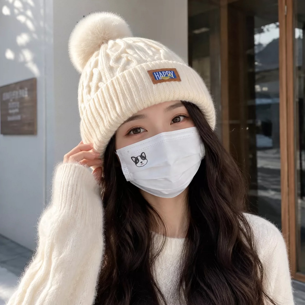 冬季女加绒加厚护耳毛球针织帽