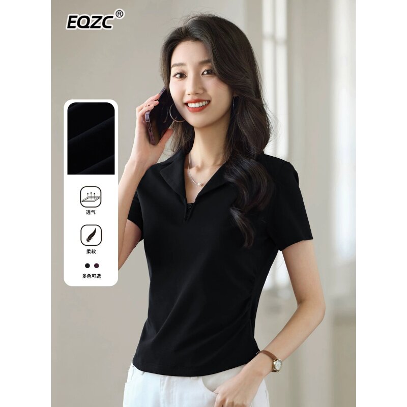 黑色小V领正肩短袖t恤女2026夏季新款抽褶收腰纽扣上衣轻熟风体恤