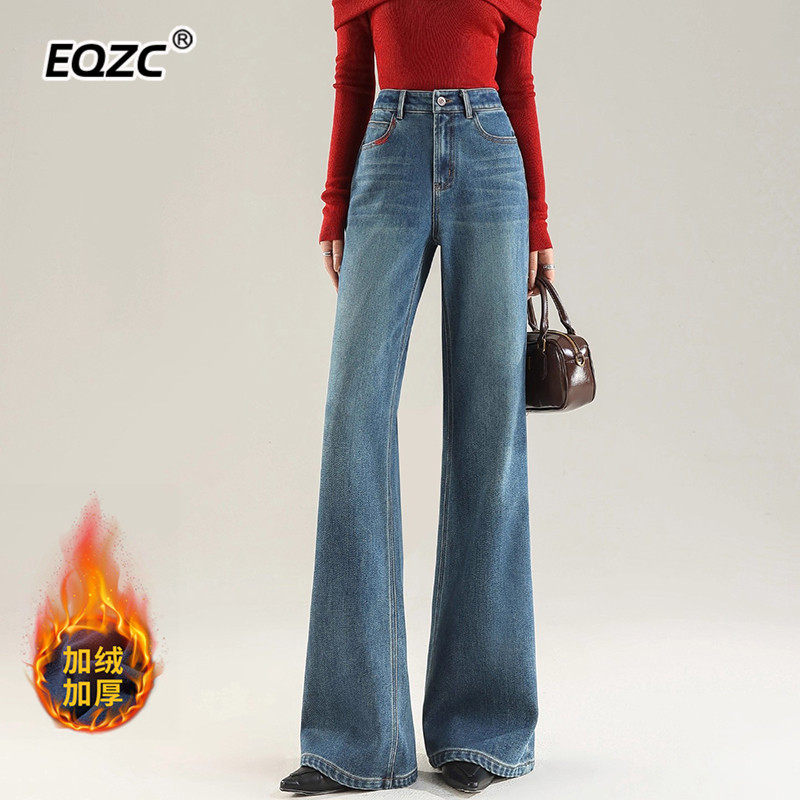 加绒微喇牛仔裤女2025新款冬版型超好看的阔腿裤子加厚直筒喇叭裤