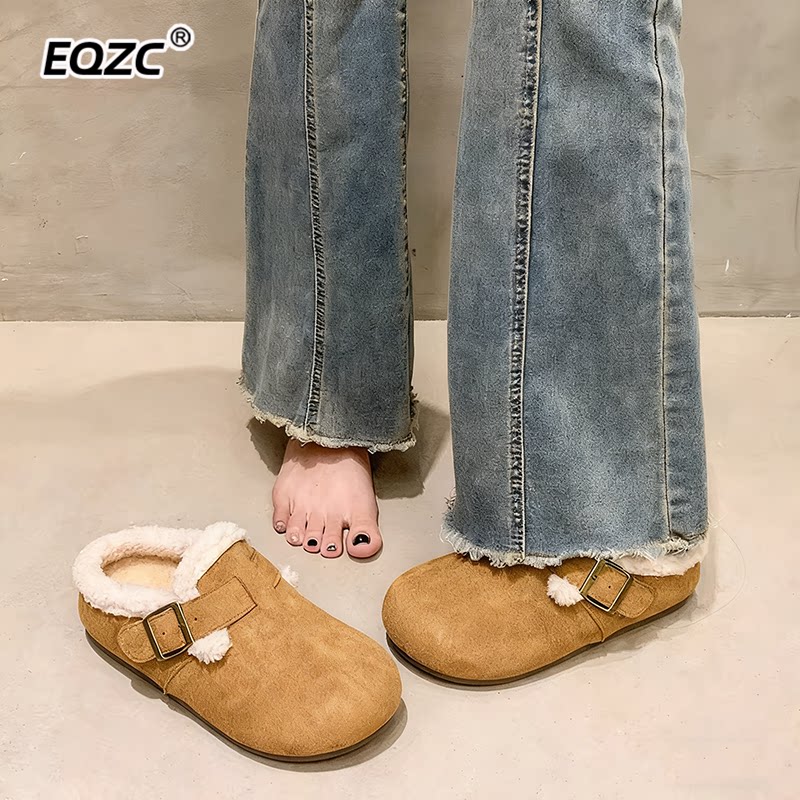休闲风加绒勃肯鞋女半拖2026新款毛绒拖鞋外穿包头棉鞋大码