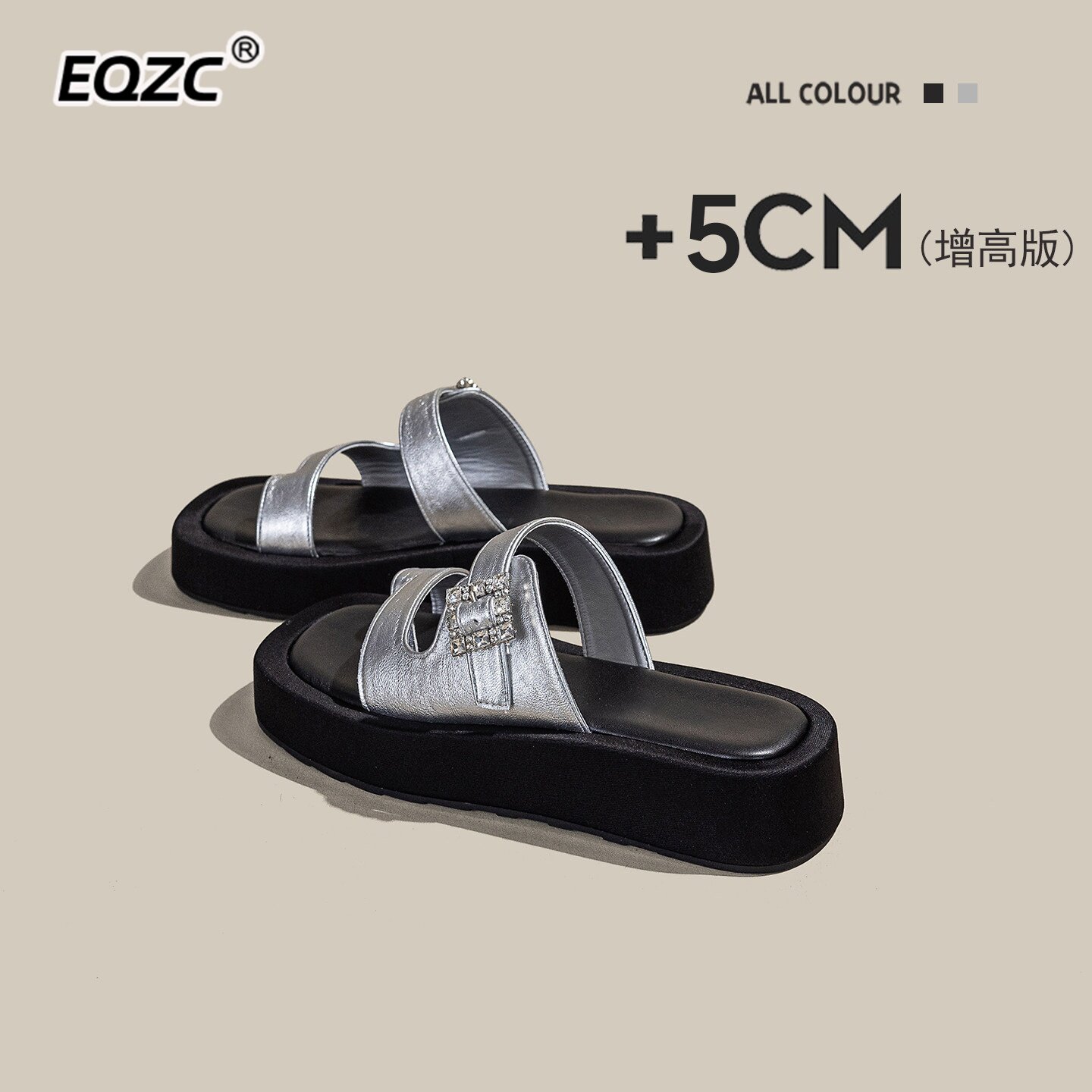 厚底增高银色双一字带套趾拖鞋女