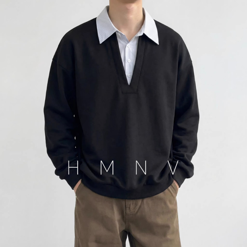 HMNV 潮街秋季miu系新款条纹假两件拼接长袖男宽松潮牌休闲卫衣图片