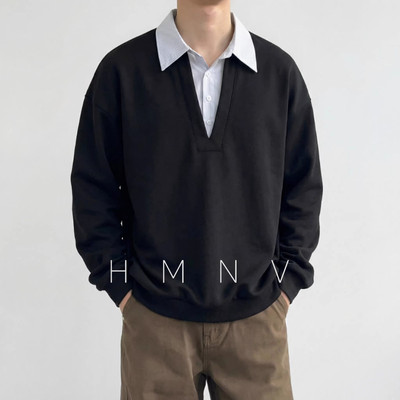 HMNV 潮街秋季miu系新款条纹假两件拼接长袖男宽松潮牌休闲卫衣