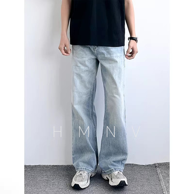 HMN Studio美式复古冰蓝色水洗牛仔裤男高街直筒宽松cleanfit裤子