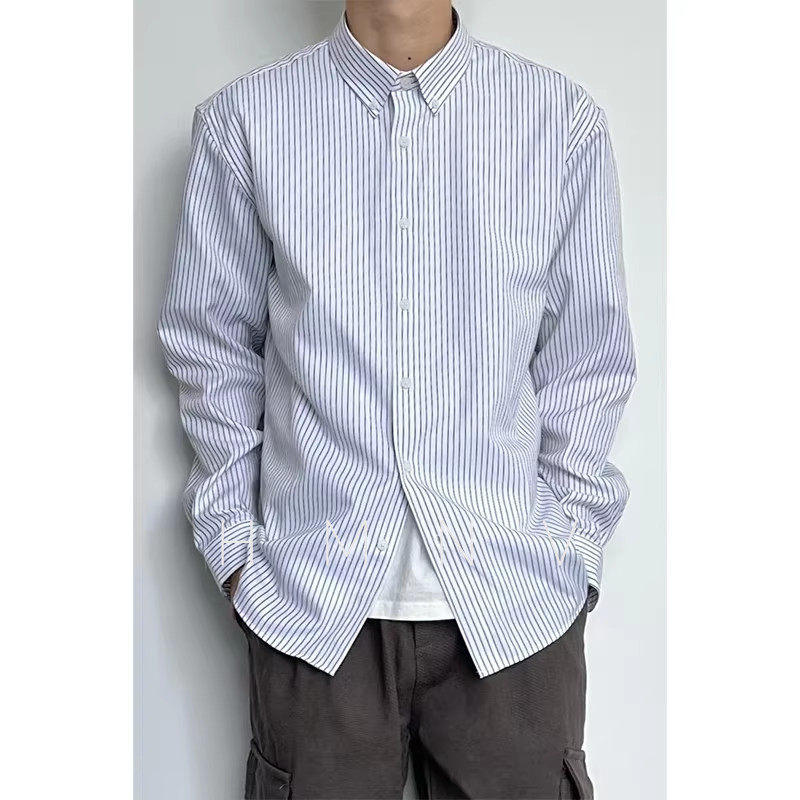 HMN Studio日系复古基础春秋棉感翻领衬衣男条纹开衫长袖休闲衬衫