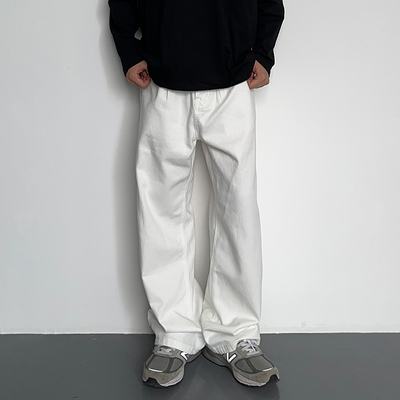 HMN Studio垂坠感白色牛仔裤基础纯色高级感宽松春秋阔腿拖地长裤