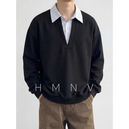 HMNV 潮街春季miu系条纹假两件拼接长袖男宽松潮牌休闲卫衣