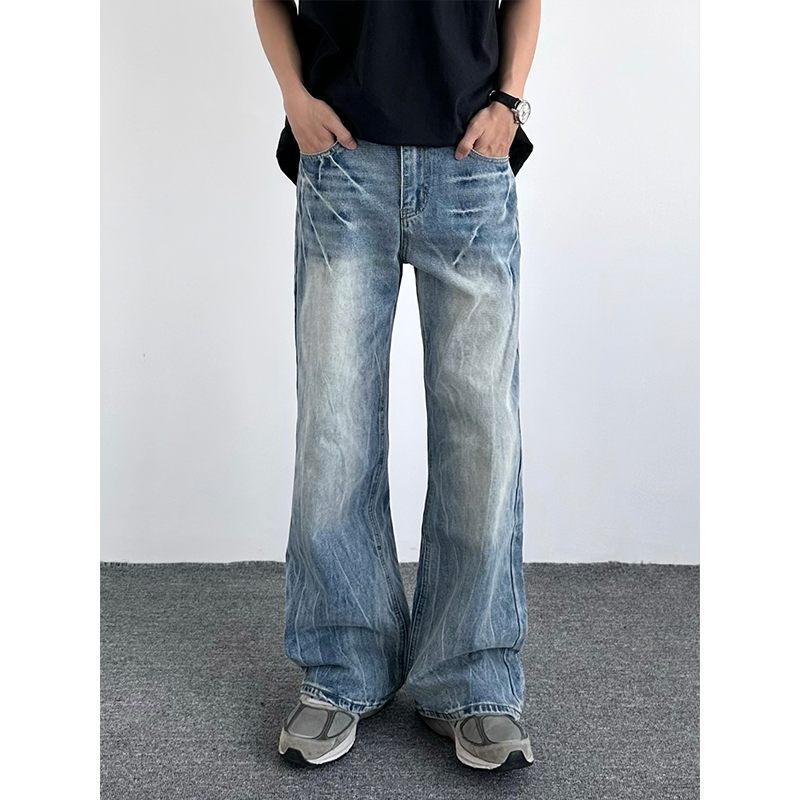 HMN Studio美式高街cleanfit扎花闪电裂纹水洗牛仔裤男直筒微喇裤