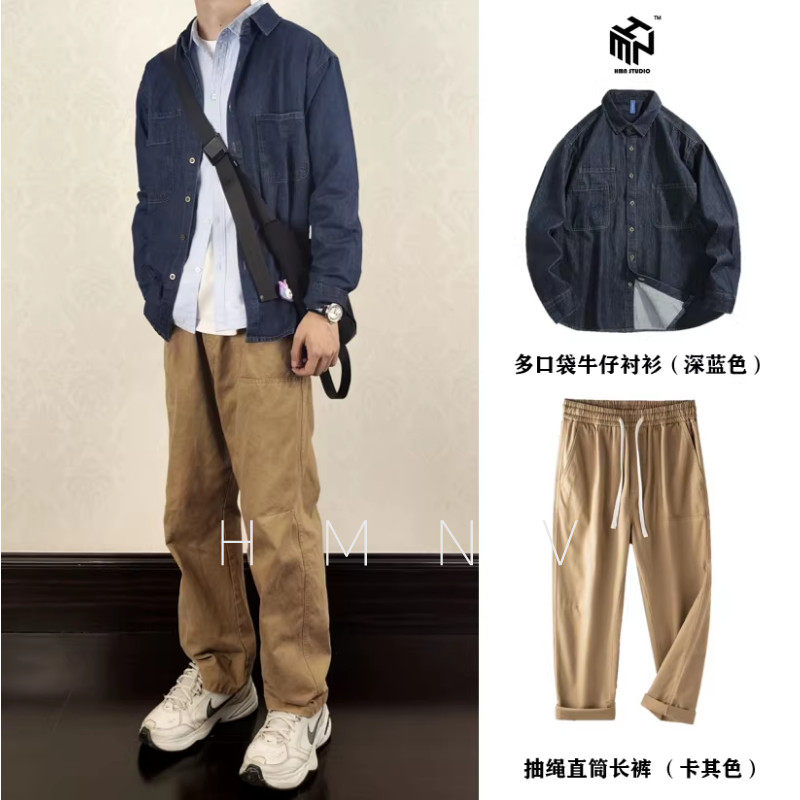 HMN Studio秋季薄款牛仔工装长袖衬衫潮牌男装ins风水洗休闲衬衣图片
