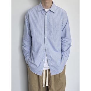 潮流校园风宽松休闲长袖 男春秋新款 衬衣 Studio日系蓝条纹衬衫 HMN