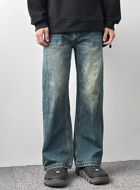 HMN Studio美式高街复古潮牌直筒牛仔裤男百搭宽松做旧水洗长裤