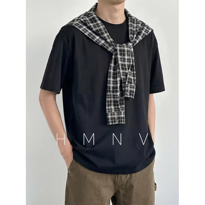 HMNV 格子披肩设计感假两件短袖t恤男夏季潮牌宽松半截袖