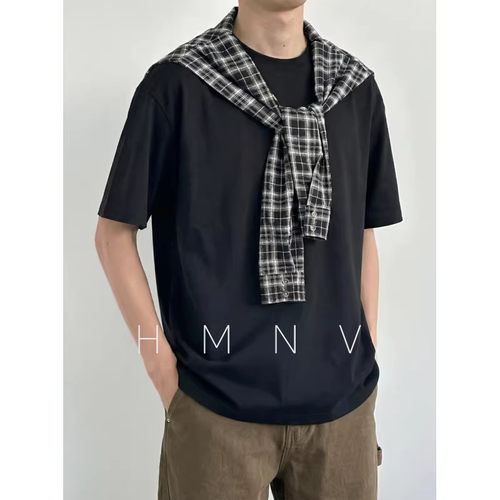 HMNV 格子披肩设计感假两件短袖t恤男夏季潮牌宽松半截袖
