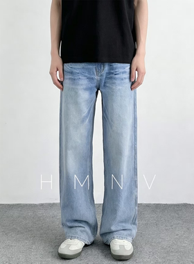 HMN Studio复古冰裂纹微喇牛仔裤男女水洗闪电蓝牛美式高街休闲
