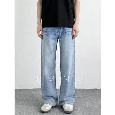 HMN Studio复古冰裂纹微喇牛仔裤男女水洗闪电蓝牛美式高街休闲