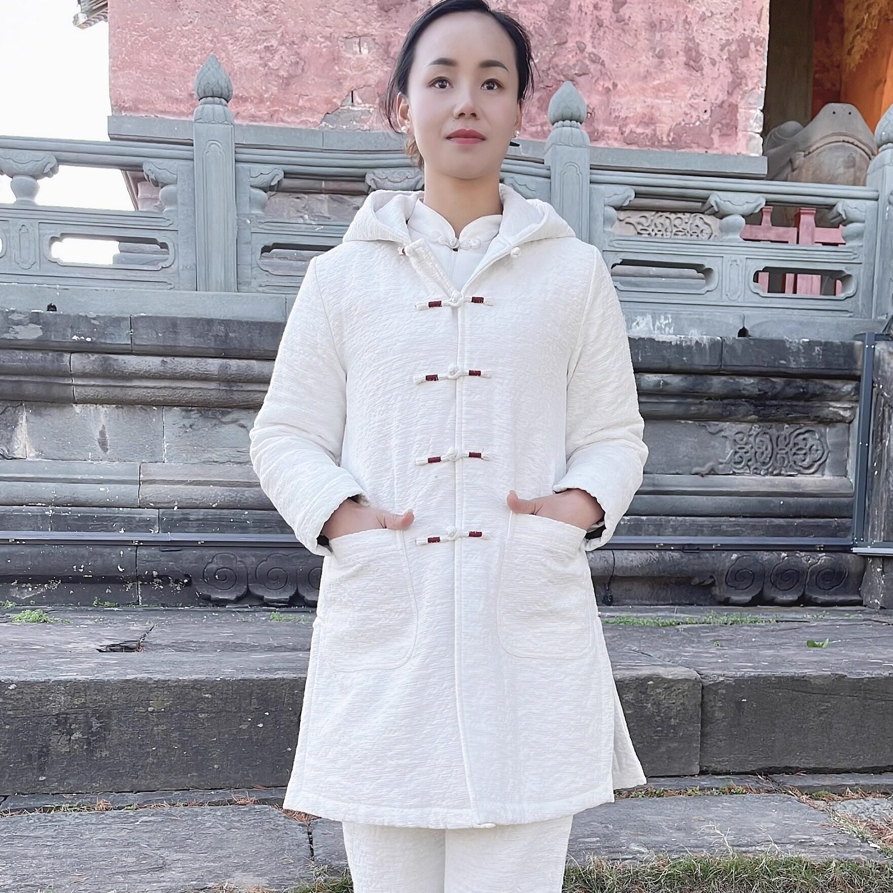 道行布衣棉麻横纹提花带帽子太极服加棉加厚练功服团体装中国风