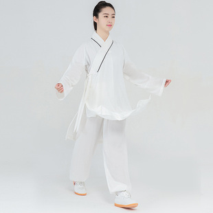 武当手工棉麻布衣练功服女中长款道袍斜襟太极服四季禅修居士飘逸