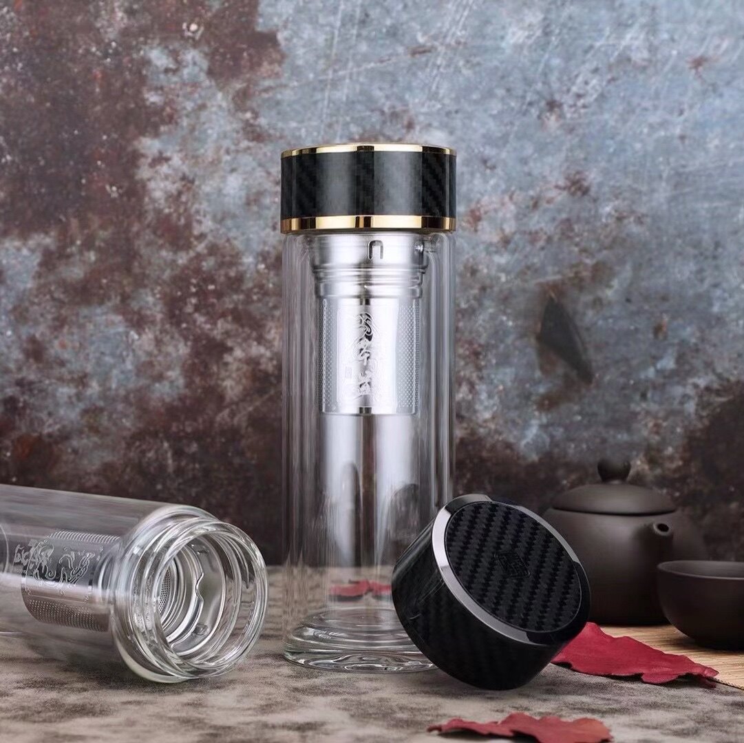 华象hx439_4碳纤维水晶玻璃杯双层高硼硅茶水分离过滤网泡茶杯