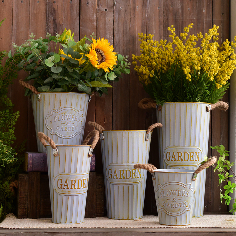 美式乡村装饰鲜花桶 干花桶花店装饰铁皮桶 复古做旧花瓶落地花盆