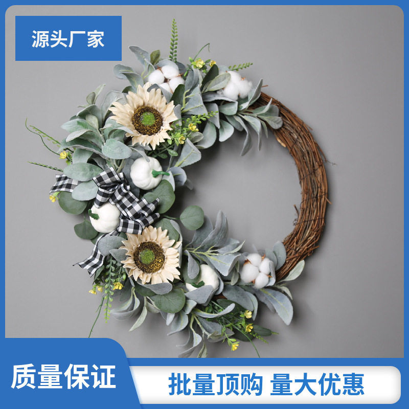 厂家批发万圣节秋色花环南瓜浆果门挂丰收节藤圈感恩节花圈装饰品