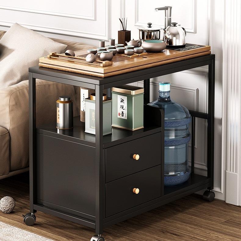 沙发边柜小茶几茶水柜可移动茶桌简易置物茶台茶车黑色侧边柜桌子