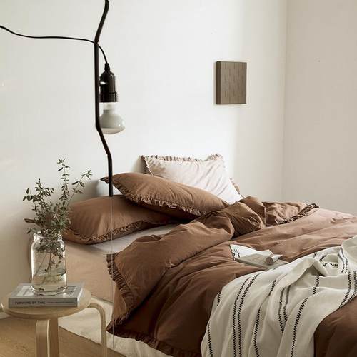 日式简约纯色全棉40支斜纹皱皱边四件套素色小荷叶边单双人床笠款