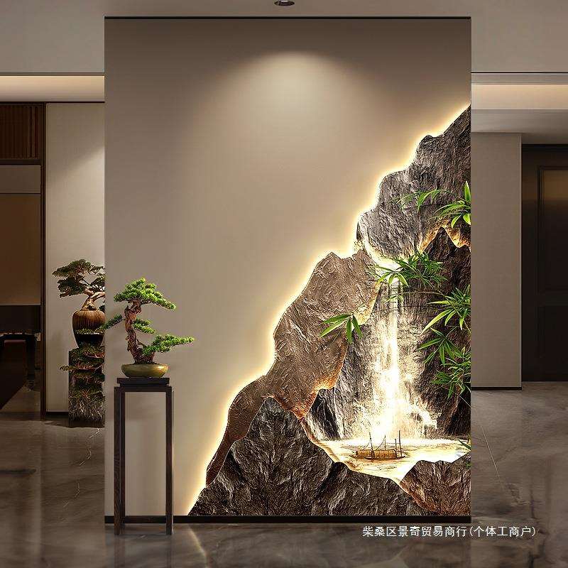流水生财玄关转角装饰画聚宝盆走廊拐角墙面挂画竹子入户带灯壁画