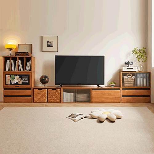 实木电视柜收纳储物柜一体组合墙靠墙书架家用客厅2025新款落地w&