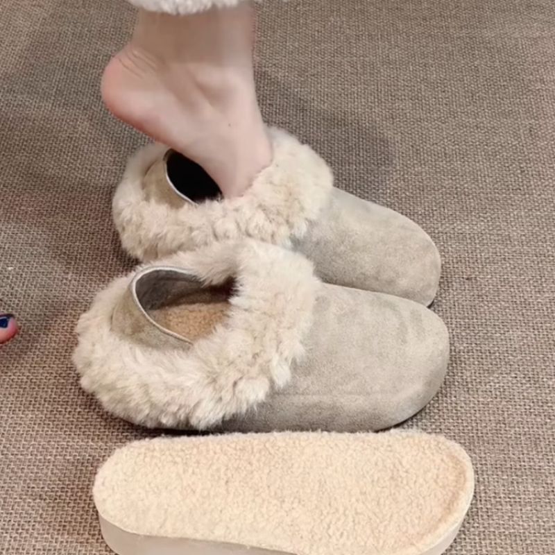 复古简约保暖两穿包头勃肯鞋女2025冬季新款毛毛翻边半拖单鞋外穿