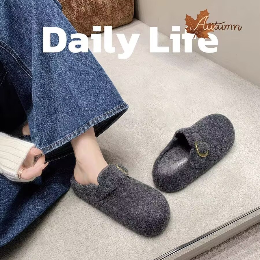 葡萄妈同款增高5cm~两个版本懒人保暖加绒毛呢勃肯/半拖鞋