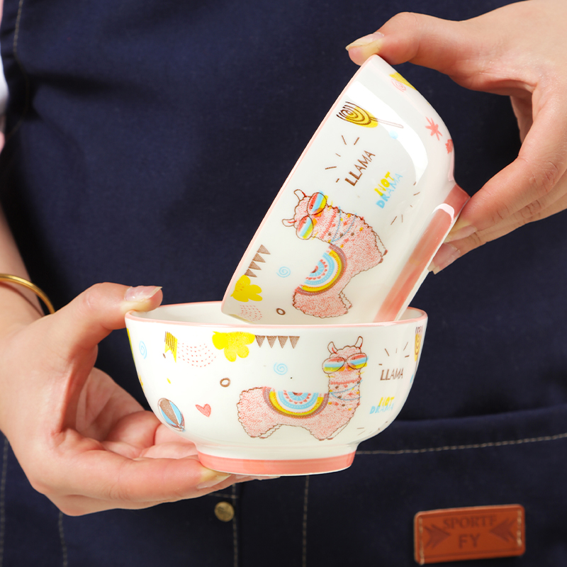 碗家用10个装陶瓷饭碗4.5英寸小碗创意卡通可爱羊驼餐具可微波炉